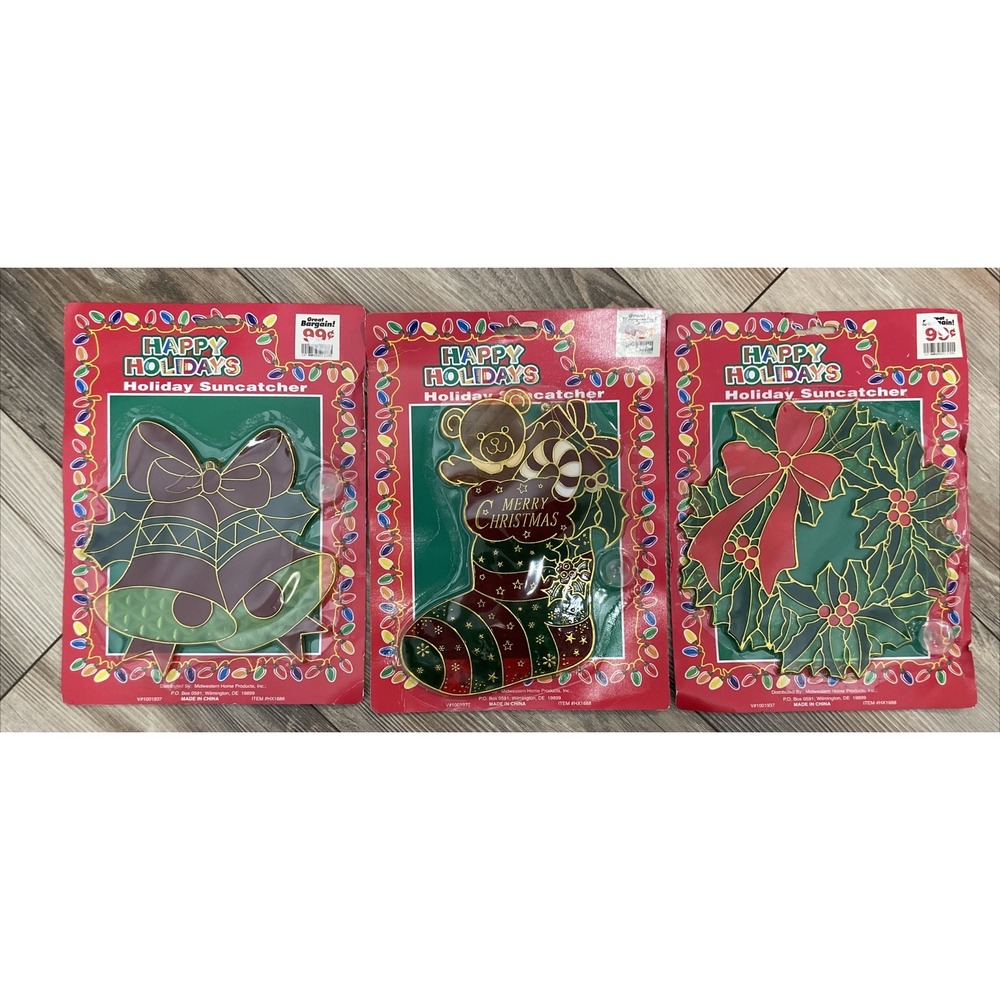 Vintage Happy Holidays Plastic Christmas Stained Glass-Lot of 3-Wreath-Stocking
